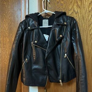 We The Free Black Leather Jacket with Gold Accents